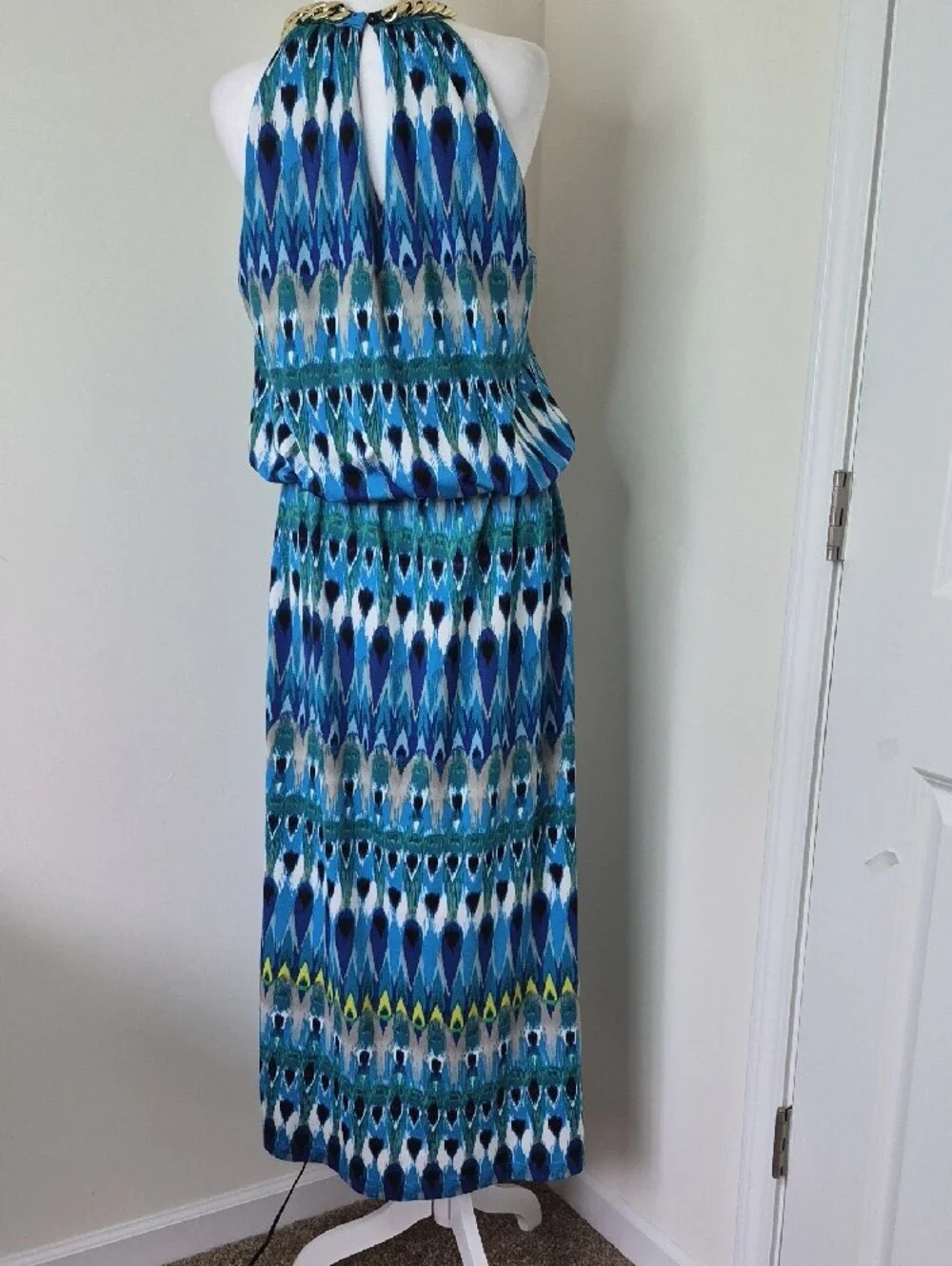Covington Blue Teal Print Dress with Gold Chain Detail Size XL